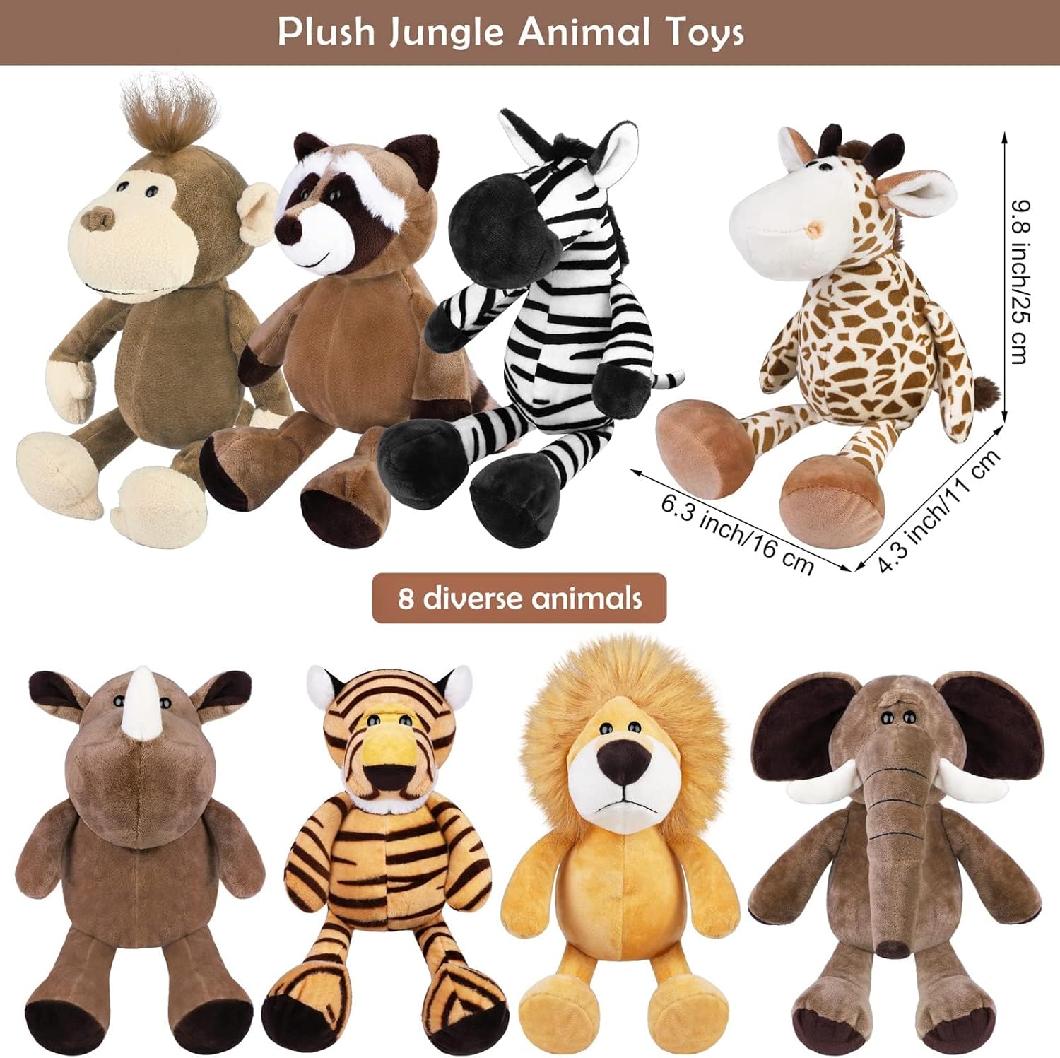 6Pieces Safari Stuffed Animals Plush Jungle Animal Toys 9.8 Inch Zoo Stuffed Animals